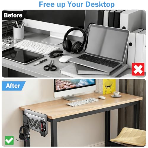 Desk Side Storage，Under Desk Clamp-on Vertical Laptop Holder,7-17 Inch Length Adjustable with Pen & Headphone Holder,No Drill Storage Shelf for Desk，Fits Table Edge 0.4" to 2.3"(Black)