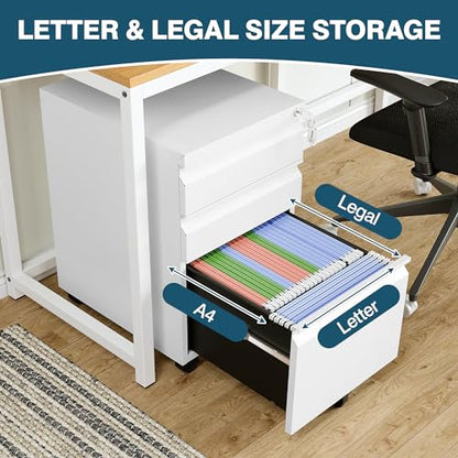 MIIIKO 3 Drawer File Cabinet on Wheels, Home Office Mobile File Drawers Under Desk, Full Assembled White Filing Cabinets with Lock for Legal/Letter/A4 File Folders - color: White, size: 3Drawer-24.5"H