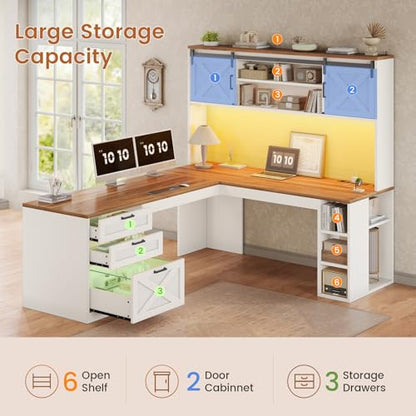 SEDETA 67" Farmhouse L Shaped Desk with Hutch, White+Brown - color: White and Brown, size: L Shaped Desk with Hutch (67")