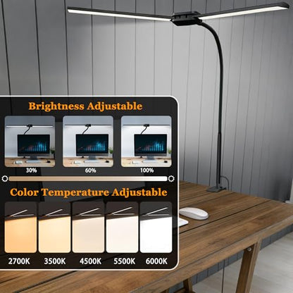 LED Desk Lamp for Home Office, Double Head Computer Monitor Light with Clamp, 5 Color Modes and 3 Brightness Levels, Long Flexible Goose-Neck, USB Eye-Caring Clip on Lights for Reading, Black - style: Double Tubes Lamp