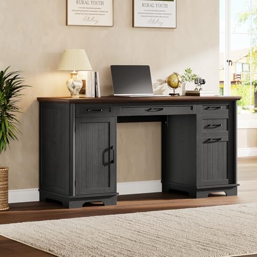 ONBRILL 58" Modern Home Office Desk with 5 Drawers and 1 Cabinet, Black