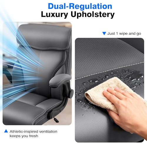 Office Chair - Executive High Back Breathable Comfy Desk Chair with Lumbar Support - Ergonomic Leather Rolling Swivel Computer Chair with Rock Function for Working Studying Gaming Relaxing