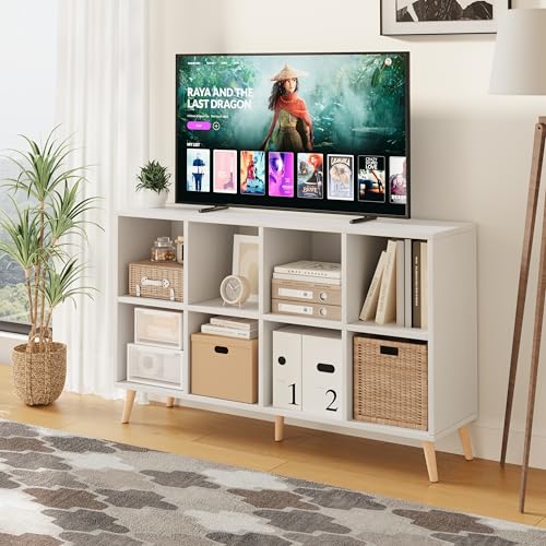 8-Cube Bookshelf 2 Tier Modern Bookcase with Legs, 11in Shelf Opening, 47" Wood Bookshelves Storage Organizer Shelf, Freestanding Open Book Shelves for Bedroom Living Room Office, White - color: White, size: 8-Cube