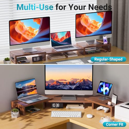 BONTEC Triple Monitor Stand Riser with Smartphone Holder, Walnut - color: Walnut, size: 53.3 in