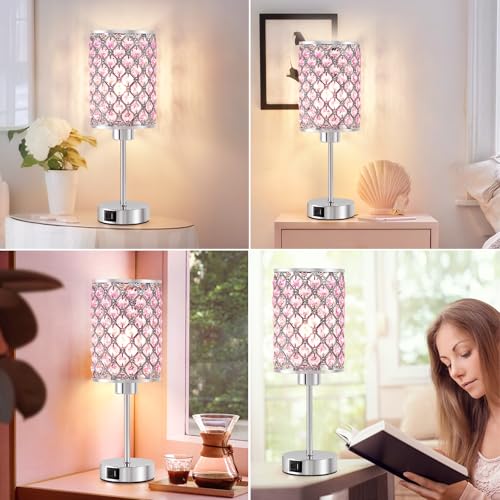 Crystal Table Lamp, Pink Touch Lamp with USB C+A Port, 3-Way Dimmable - color: Pink, size: 14.75"