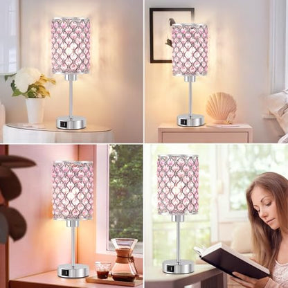Crystal Table Lamp, Pink Touch Lamp with USB C+A Port, 3-Way Dimmable - color: Pink, size: 14.75"
