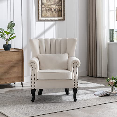 LZAREAL Accent Reading Arm Chairs Set of 2 Midcentury Modern Comfy Corner Sofa Chair, Wingback Waiting Room Club Chair with Tufted Back for Living Room/Bedroom/Reception Room, Velvet Cream - color: Cream, size: 2 Chairs