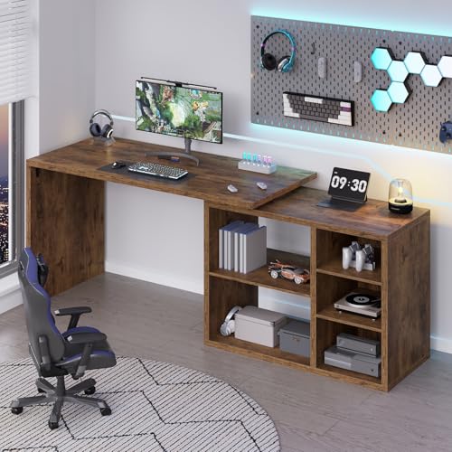 HSH L Shaped Desk with Storage, Home Computer Desk, Rustic Brown, 55 Inch - color: Rustic Brown