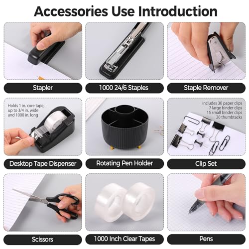 SKYDUE Black Office Supplies with Pencil Holder,Desk Accessories 11PCS | Office Desk Accessories Included Stapler with Staples, Staple Remover,Tape Dispenser, Binder Paper Clips Kit,Scissor, Pens - color: Black