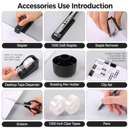 SKYDUE Black Office Supplies with Pencil Holder,Desk Accessories 11PCS | Office Desk Accessories Included Stapler with Staples, Staple Remover,Tape Dispenser, Binder Paper Clips Kit,Scissor, Pens - color: Black