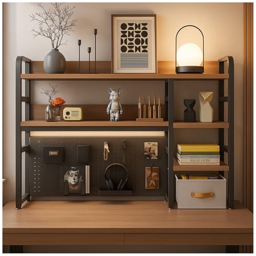 Desktop Bookshelf, pegboard Storage and Organization Rack, Dorm Desk Shelf, Desk Hutch, Desktop Storage for Office, Study, Student Display Rack,Desktop Shelves (Black+Walnut 37.4" Lx9.9 Wx37 H) - color: Black+walnut, size: 37.4" Lx9.9"Wx37"H