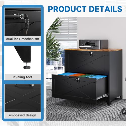BYNSOE 2 Drawer Lateral File Cabinet Metal Filing Cabinet with Lock Office Home Steel Lateral File Cabinet for A4 Legal/Letter Size Lockable Wide Metal Cabinet,Assembly Required - color: Black, size: 2 Drawers-2