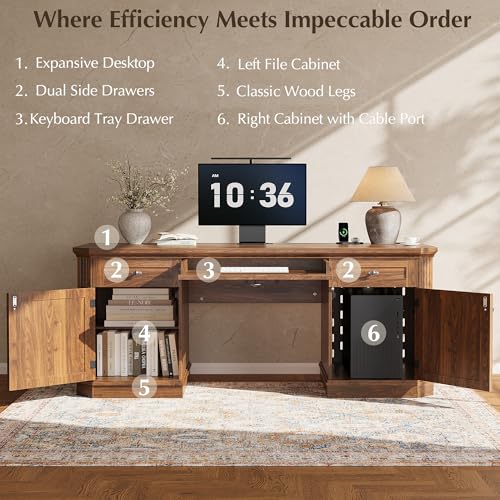 59" Classic Executive Desk with Storage, Victorian Executive Desk with Charging Station, Keyboard Tray, 3 Drawers & 2 Cabinet Storage & 2 Pedestals, Easy Assembly, Dark Walnut - color: Dark Walnut