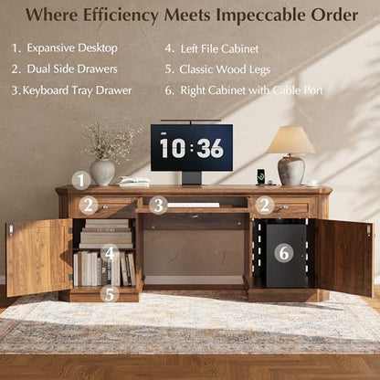 59" Classic Executive Desk with Storage, Victorian Executive Desk with Charging Station, Keyboard Tray, 3 Drawers & 2 Cabinet Storage & 2 Pedestals, Easy Assembly, Dark Walnut - color: Dark Walnut