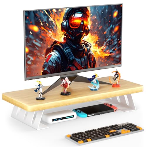 Monitor Stand Riser, 24 Inch Wood Desk Monitor Riser for Laptop/PC/Printer - color: Oak - White Legs