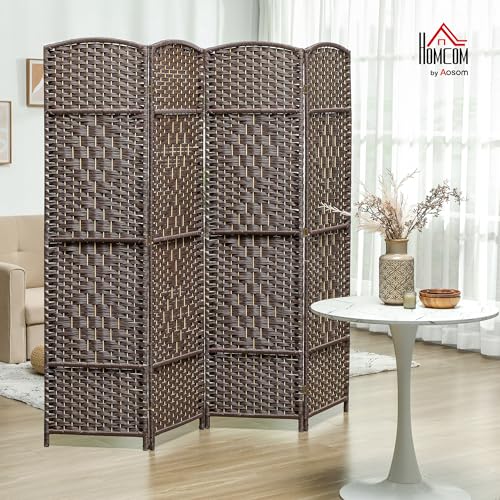 HOMCOM 4 Panel Room Divider 6 Ft Privacy Screen Hand-Woven Brown | Folding PP Wall Partition, Pine Wood Frame, Freestanding Room Separator, Bedroom Home Office, No Assembly - color: Brown, size: 4 Panel