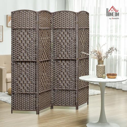 HOMCOM 4 Panel Room Divider 6 Ft Privacy Screen Hand-Woven Brown | Folding PP Wall Partition, Pine Wood Frame, Freestanding Room Separator, Bedroom Home Office, No Assembly - color: Brown, size: 4 Panel