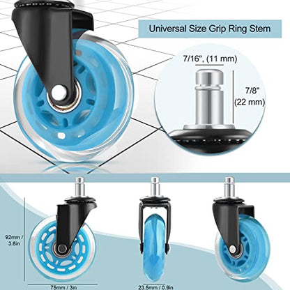Hivexagon Office Chair Caster Wheels Replacement Set of 5, Heavy Duty Universal Quiet Rolling Casters 3 inch Fit Standard Office Chair for Hardwood Floors, Tiles and Carpet (Blue) - style: U-HG629B