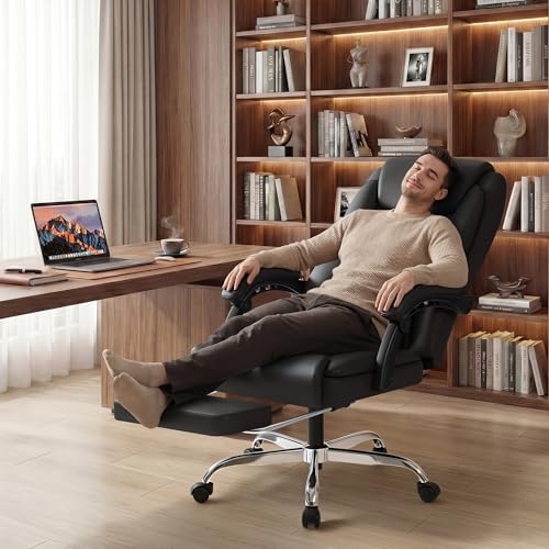 Shahoo Big and Tall Office Chair Height Adjustable Faux Leather Chair with Footrest and Lumbar Support, Ergonomic High Back Computer Chair with 360° Swivel Wheels Task Chairs for Office Home, Black