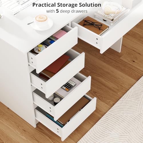 VOWNER Computer Desk with 5 Drawers, Home Office Desk with Storage, Modern Simple Laptop Desk for Working, Study (White)