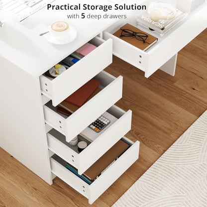VOWNER Computer Desk with 5 Drawers, Home Office Desk with Storage, Modern Simple Laptop Desk for Working, Study (White)