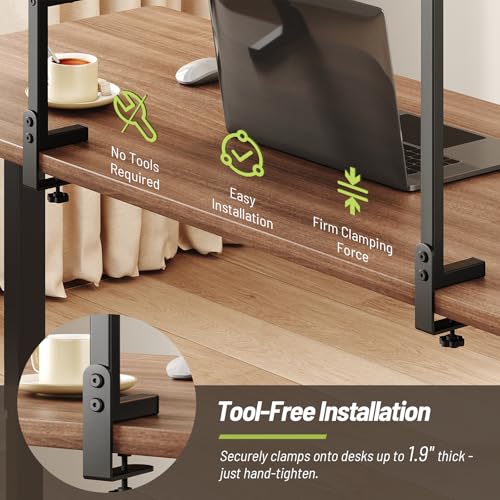 Clamp On Desk Shelf, 3-Tier Above Desk Extender with Pegboard & Hooks, Metal & Wooden Desktop Bookshelf & Organizer, Tabletop Storage Rack for Office Accessories, 38.3" W x 33" H, Black