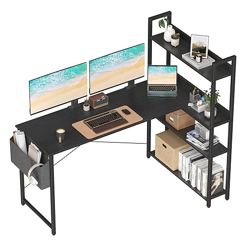 Treesland 55 Inch Small L Shaped Desk, Corner Desk with Bookshelf, Home Office Desk, Writing Study Desk for Bedroom, Black - color: Black, size: 55 inch