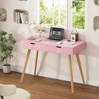 FOTOSOK Writing Desk with 2 Drawers, Small Cute Desk Makeup Vanity Table | Wood Computer Desk with 4 Solid Oak Legs, Home Office Desk & Study Table, Mid Century Desk for Bedroom Small Spaces, Pink - color: Pink