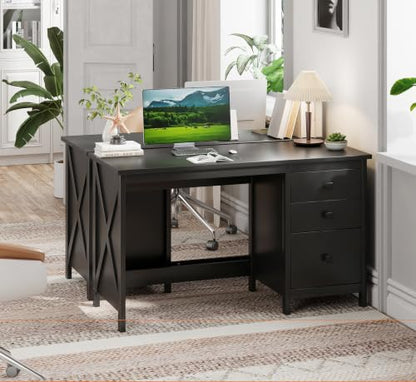 JSB 47.2 Inch Black Computer Desk with 3 Drawers for Home Office Bedroom - color: Black, size: 47.2in