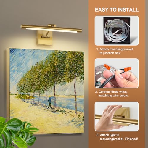 LED Picture Light Fixtures 16.54 Inches, Modern Metal Artwork Wall Lamps with Single Swing Arm, 7W (50W Eqv.), Hardwired Connection, Dimmable, 3000K Warm White, CRI95+, Golden-Like Brass Finish - color: Brass, size: Dimmable 16.53" Long
