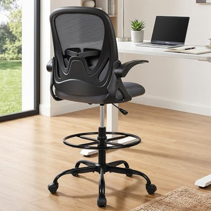Primy Drafting Chair Tall Office Chair with Flip-up Armrests Executive Ergonomic Computer Standing Desk Chair with Lumbar Support and Adjustable Footrest Ring（Dark Gray） - color: Dark Gray, size: 934-Z