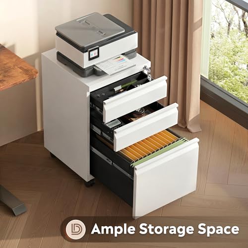 DEVAISE 3 Drawer Mobile File Cabinet, Fully Assembled Except Casters | Under Desk Metal Filing Cabinet with Lock for Home Office, Fits Letter/Legal/A4 Sizes, White - color: White, size: 17"D x 15"W x 24"H