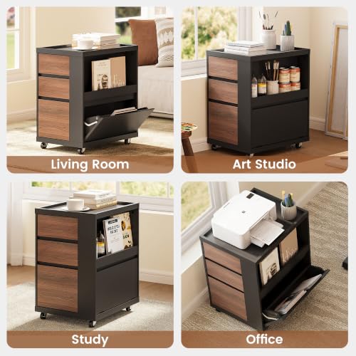 Mobile File Cabinet Under Desk with 3 Drawer, Office Storage Cabinet | Rolling Wood Printer Stand w/ Unique Side Shelf for Binders, Large Capacity Organizer for Home Office