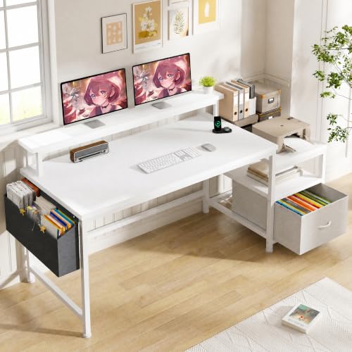 EnHomee 56.5" Office Desk with Drawers & Printer Space for Home Work,White - color: White, size: 56.5 IN