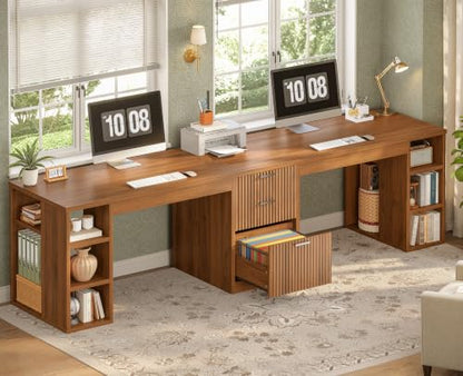 SEDETA Fluted 96.5" Computer Desk with Drawers, 2 Person Home Office Desk, Gaming Double Desk with Storage Shelves, Long Two Person Writing Desk, Brown - color: Fluted Brown