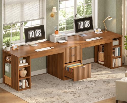 SEDETA Fluted 96.5" Computer Desk with Drawers, 2 Person Home Office Desk, Gaming Double Desk with Storage Shelves, Long Two Person Writing Desk, Brown - color: Fluted Brown