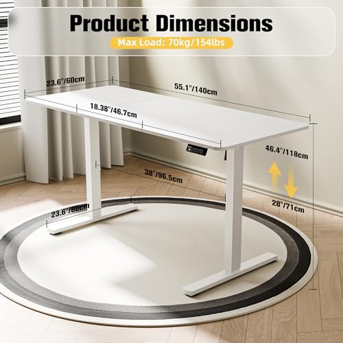 55"x24" Standing Desk, Height Adjustable Sit-Stand Office, White | Electric Adjustable Standing Desk, Sit to Stand Computer Office Desk with Splice Board, Memory Preset, Lifts 28''-46.5" - color: White Frame-white, size: 55-inch