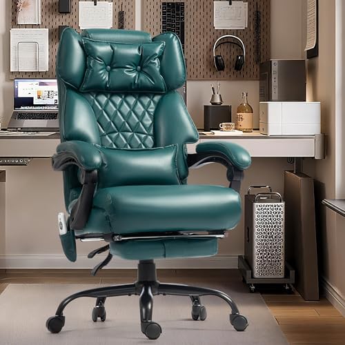 Massage Office Chair with Foot Rest,6 Points Vibration & Heat Executive Office Chairs for Heavy People,500LBS Big and Tall Office Chair,Ergonomic Reclining Desk Chair,Dual-Use Pillow,Home Office,Green - color: Green, size: 6 Point Vibration