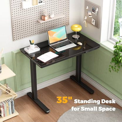 35" Electric Standing Desk with Drawer, One-Piece Glass Top - color: Black Glass-top, size: 35"