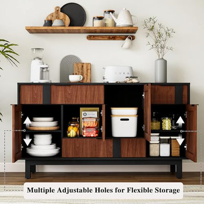 Modern Sideboard Cabinet with 3D Geometric Doors, 54 inch TV Cabinet with 4 Door and 3 Drawers, Buffet Storage Credenza for Living Room, Kitchen (Walnut)