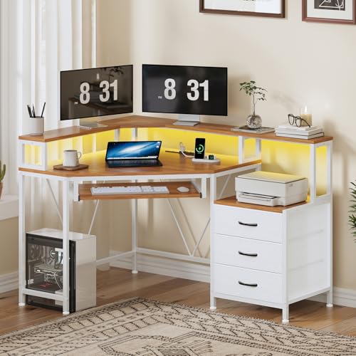 47" Corner Desk with Drawers, Power Outlets ＆ Printer Shelf for Small Space - color: Brown and White
