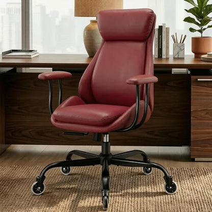 Leather Executive Office Chair, Computer Desk Chair, Red | Ergonomic, Rubber Wheels, Lumbar Support, 360° Swivel, High Back, Adjustable Height, for Modern Home Office - color: Crimson Red