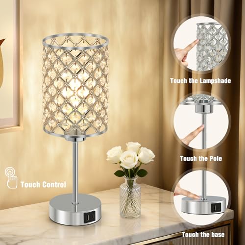 Crystal Table Lamp, Silver Touch Lamp with USB C+A Port, 3-Way Dimmable - color: Silver-1, size: 14.75"