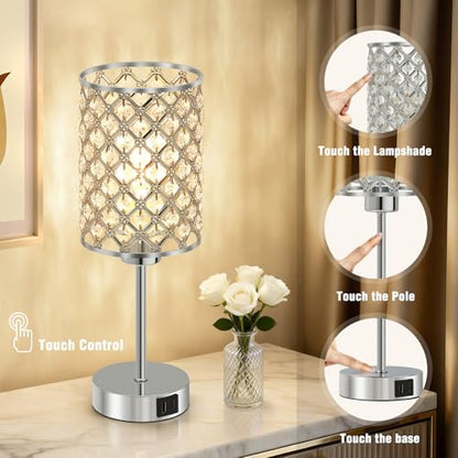 Crystal Table Lamp, Silver Touch Lamp with USB C+A Port, 3-Way Dimmable - color: Silver-1, size: 14.75"