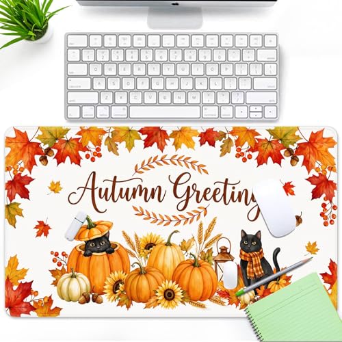 Large Mouse Pad, Mouse Pad, 31.5 x 15.7 Inch, Fall Pumpkin Cat | Autumn Leaves Non-Slip Desk Pad Keyboard and Mouse Desk Mat for Gamer, Office & Home - color: Pumpkin Cat Lantern