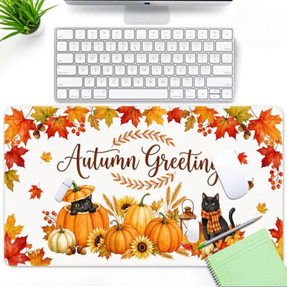 Large Mouse Pad, Mouse Pad, 31.5 x 15.7 Inch, Fall Pumpkin Cat | Autumn Leaves Non-Slip Desk Pad Keyboard and Mouse Desk Mat for Gamer, Office & Home - color: Pumpkin Cat Lantern