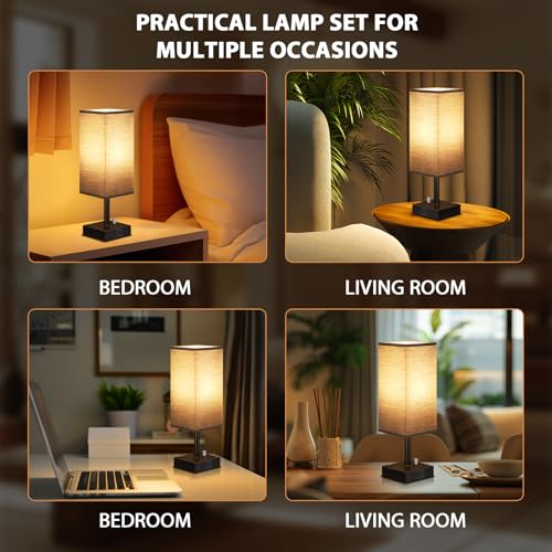 Black Bedside Table Lamps Set of 2 - Dimmable, USB C+A, 2 AC Outlets | Stepless Dimmable by Rotary Knob, 3000K LED Bulbs Included, Square Black Linen Shade, Nightstand Lamp for Living Room, Desk - color: Black
