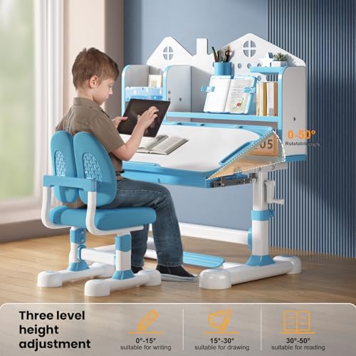 Kids Desk and Chair Set- 3-12 Height Adjustable Ergonomic Art Desk | School Study Desk, 50° Tiltable Desktop, Easy-Turn Crank, Storage Drawer & Built-in Bookstand for Children Boys & Girls - color: 015-blue-31.5in