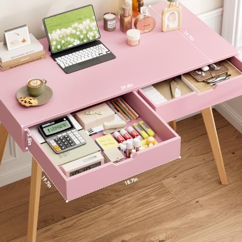 FOTOSOK Writing Desk with 2 Drawers, Small Cute Desk Makeup Vanity Table | Wood Computer Desk with 4 Solid Oak Legs, Home Office Desk & Study Table, Mid Century Desk for Bedroom Small Spaces, Pink - color: Pink