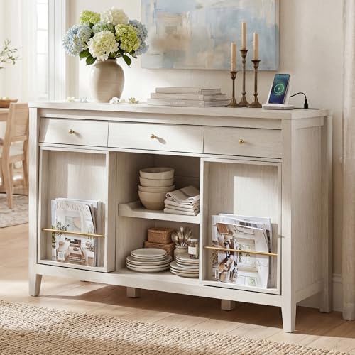Buffet Cabinet with Storage, Modern Sideboard Cabinet with 3 Drawers, 2 Sliding Doors & Pull-Out Shelf, Coffee Bar Cabinet with Charging Station, Beige